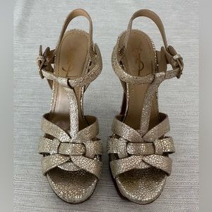 Yves Saint Laurent Gold Textured Tribute Sandal Heels (Size 37)
